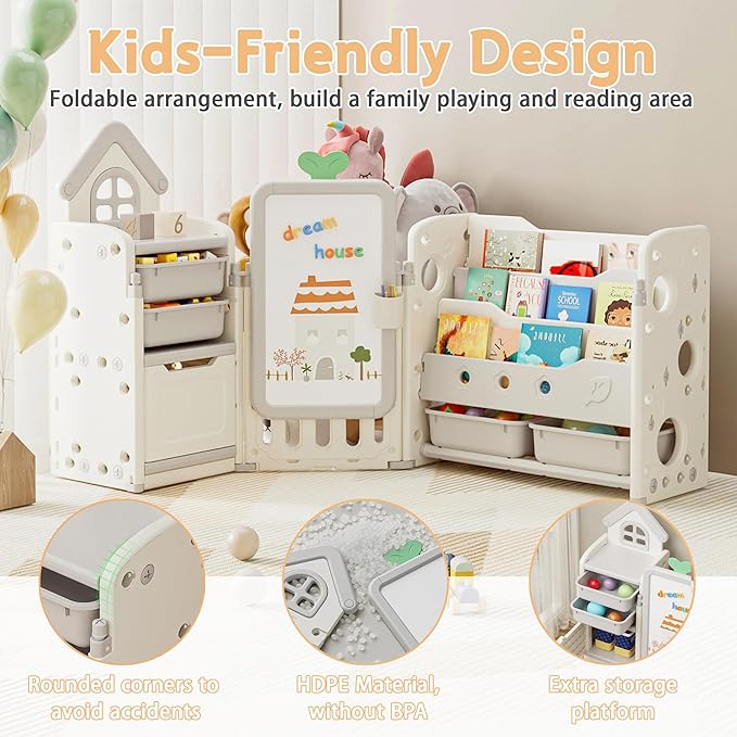 Kids Toy Storage Organizer with 10 Removable Bins, Foldable Toy Organizers and Storage with 3-Tier Bookshelf for Kids Toy Storage Organizer with Drawing Board, Extra 3 Brushes (3 In 1 Off-white)
