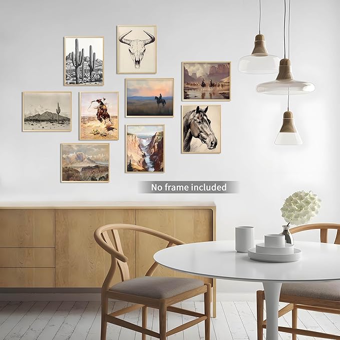 SEHSUVC Western Wall Art Set of 9, Cowboy Horse Cactus Skull Desert Landscape Canvas Prints, Southwestern Rustic Vintage Posters for Living Room Bedroom Office Home Decor 8x10 Inch Unframed
