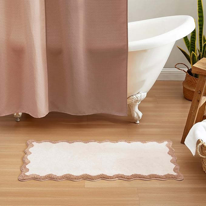 MONDAY MOOSE Bath Mat with Scalloped Wavy Ripple Design, Microfiber Absorbent Non Slip Tufted Rug for Floor, Shower or Kitchen (24x47 inch, Beige)