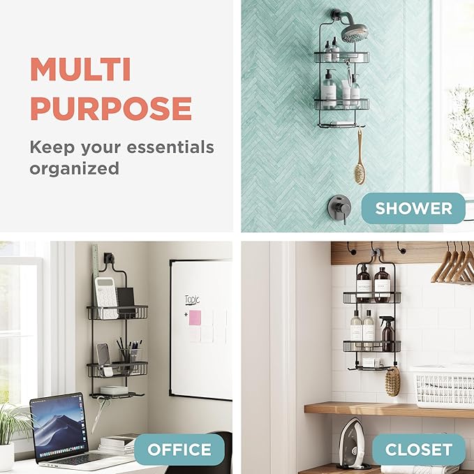 Zenna Home Rustproof Hanging Shower Caddy, Over the Shower Head Caddy with 2 Shelves and Built In Hooks, Aluminum Bathroom Hanging Organizer, Black