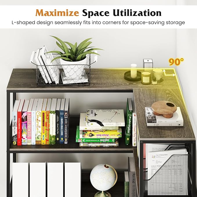 Tangkula Large Corner Bookshelf, 90 Degrees 5-Tier Industrial Wood Open Corner Bookcase for Small Spaces, Heavy-Duty Metal Frame, 71”H L-Shaped Storage Display Rack for Living Room (Oak)