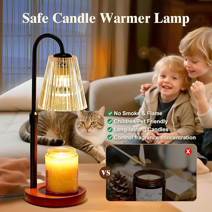 Briever Electric Candle Warmer Lamp with Timer Dimmer, Adjustable Height Wax Melter Warmer for Jar Candles, House Warming Gifts for New Home Decor, Birthday Gifts for Women, Walnut Wooden Base