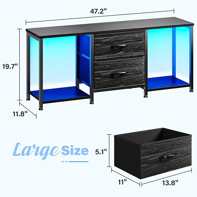 LED TV Stand Dresser for TVs up to 55 Inch, Entertainment Center with 2 Fabric Drawers and 2 Open Storage Shelves, Coffee Table Television Stands for Living Room, Bedroom, Wood Top, Metal Frame, Black