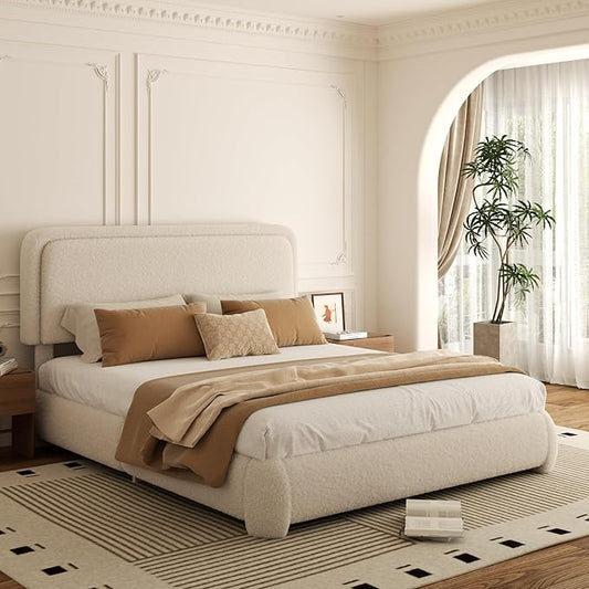 Queen Bed Frame, Teddy Velvet Boucle Bed Frame with 43.3"/45.3" Adjustable Upholstered Headboard, Rounded Corners, Mattress Foundation, No Box Spring Required, Beige