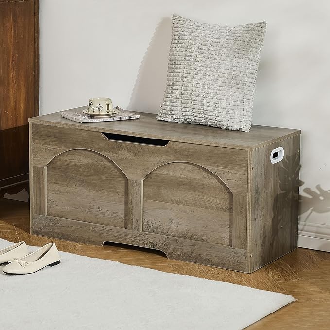 Storage Chest Bench, 31.5" Retro Storage Trunk Chest, Entryway Bench Supports 330 lb, Upgraded Safety Lift Support Hinge, Entryway Bench, U-Shaped Opening for Entryway Living Room, Greige