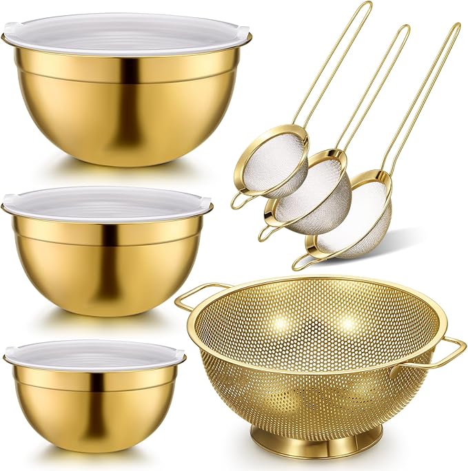 Baderke 7 Pcs Gold Kitchen Accessories Includes Stainless Steel Colander with Handles, 3 Gold Mixing Bowls with Airtight Lids and 3 Fine Mesh Strainer(Colander: 4 Qt, Mixing Bowls: 1/1.5/2 Qt)