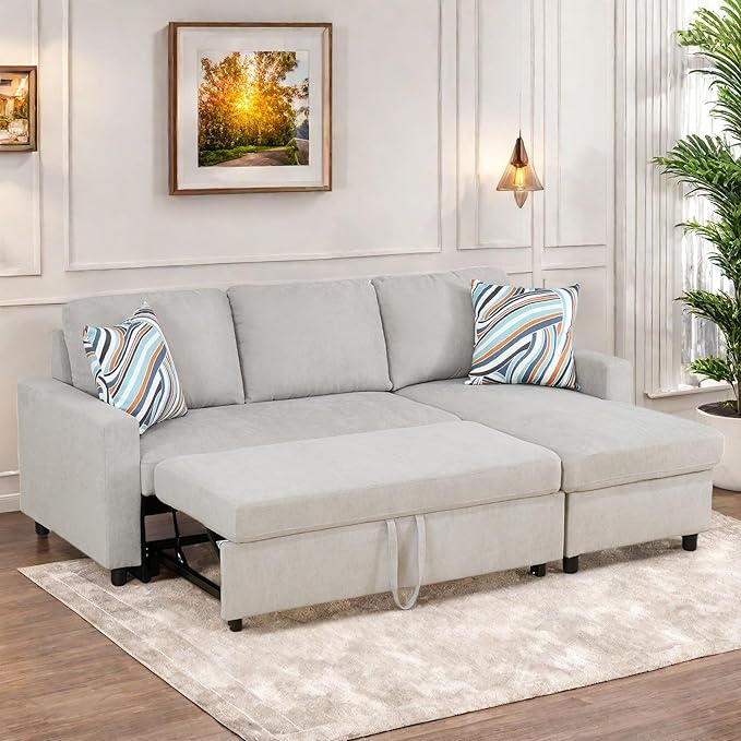 FONTOI Sofa Bed Pull Out Couch, Convertible L Shaped Sleeper Sofa with Storage Chaise, Modern Lounge Small Sectional Couches for Living Room Small Spaces, Grey