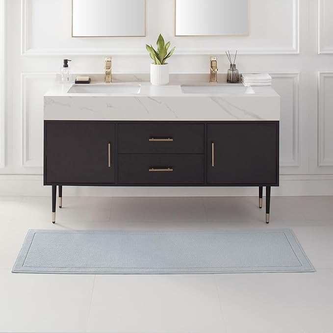 Arkwright 100% Cotton Bathroom Rug - High Absorbent Stylish Textured Woven Design Bath Mat, Slip Resistant Backing for Shower and Bathtub Floor, 20x60 in - Blue