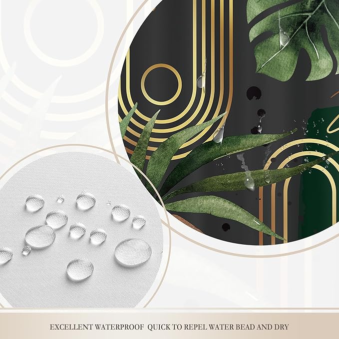 Glawry Dark Green Gold Boho Mid Century Shower Curtain Extra Long Abstract Minimalist Tropical Modern Geometric Leaf Bathroom Simple 72Wx84L Inches Bath Accessories Art Home Decor Fabric 12 Pack Hook