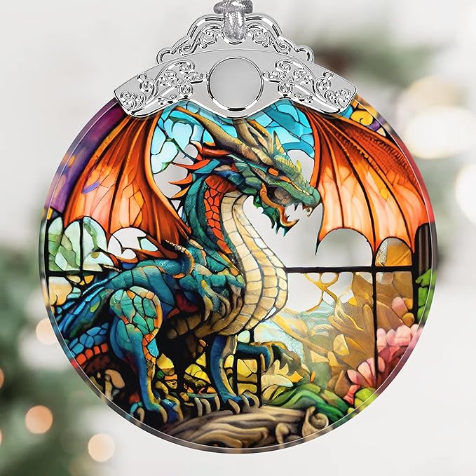 Dragon Christmas Ornament, Stained Glass Hanging Ornament, Christmas Tree Decoration, Holiday Ornament - Dragon with Wingspan