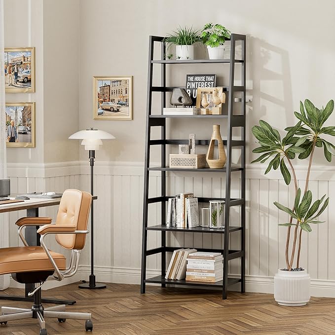 Ladder Shelf, 5-Tier Bookshelf, All Bamboo Heavy Duty Bookcase, Freestanding Open Wood Storage Rack, Modern Corner Display Plant Stand for Living Room, Home Office, Bathroom, Bedroom, Black