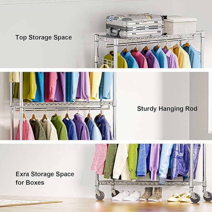 Heavy Duty Rolling Garment Rack 3 Tiers Adjustable Wire Shelving Clothes Rack with 2 Rods and Side Hooks,Storage Closet Clothing Rack with Wheels Chrome 15.7" D x 45.3" W x 79.6" H