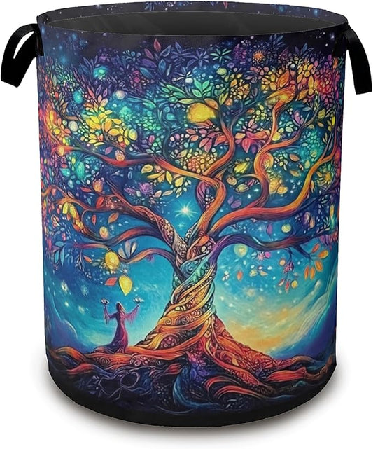 Cosmic Tree Laundry Hamper,Collapsible Laundry Baskets,Tree of Life Dirty Clothes Baskets with Handles,Oxford Cloth Hamper for Bedroom,Bathroom,College Dorms, 16"x20"