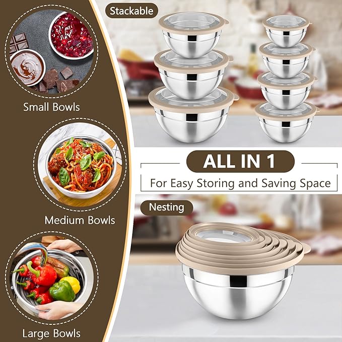 P&P CHEF Mixing Bowl with Lid Set of 7, Stainless Steel Nesting Salad Bowls for Cooking Serving Prepping, Clear Lids & Stackable Design, Size 4.6, 3.5, 3, 2, 1.5, 1, 0.7 Qt - Khaki