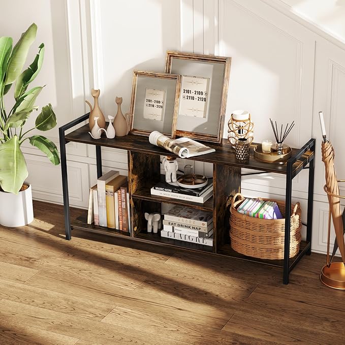 Tangkula Industrial TV Stand for 55” TVs, Entertainment Center with 4 Open Shelves, 3-Tier Media Console Table with Heavy-Duty Metal Frame & Side Guardrails for Living Room (Rustic Brown, 47" L)