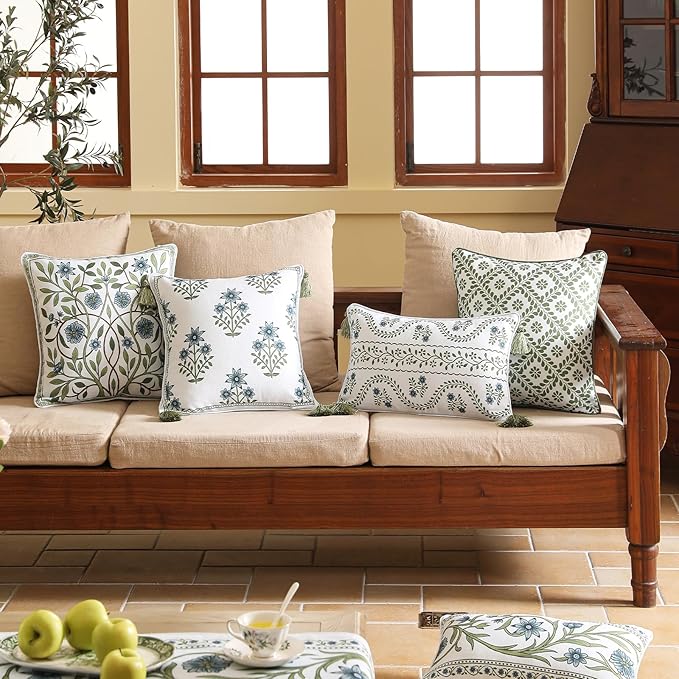 Design Fresh Linen Rectangular Throw Pillow Covers 12"x20" Pack of 2, French White Cottage Cushion Covers with Green Branches Pattern Decoration Pillowcases for Bed,Living Room,Outdoor,Car