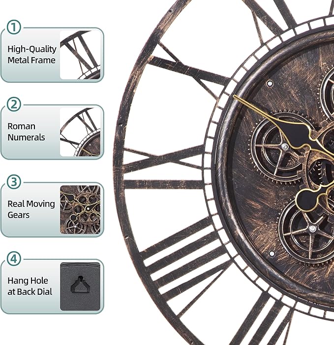 Moving Gear Large Wall Clock 24inch/60cm Copper, Decorative Wall Clocks for Living Room, Unique Farmhouse Steampunk Metal Wall Clock Decor, Office Wall Clocks