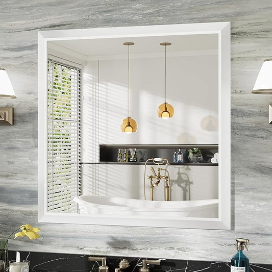36x36 Inch White Bathroom Mirror for Wall, Thick Metal Framed Rectangle Mirrors for Over Sink, Bedroom, Living Room, Entryway, Anti-Rust, HD Tempered Glass