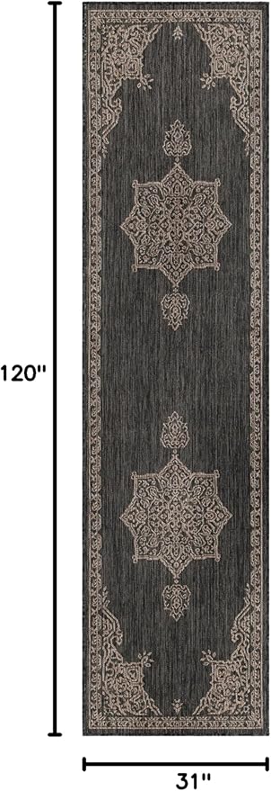 Unique Loom Outdoor Traditional Collection Area Rug - Antique (2' 7" x 10' Runner, Charcoal Gray/ Natural)