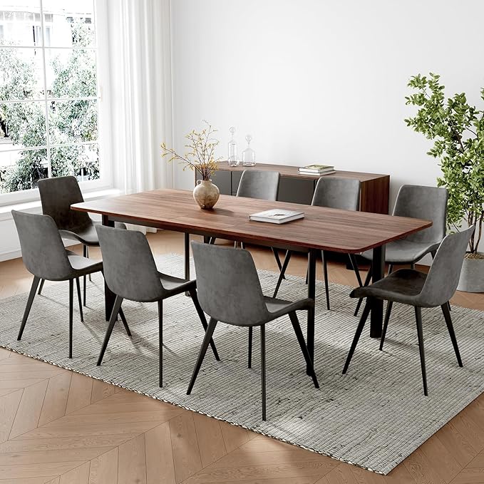 9PCS 63"- 78.7" Extendable Dining Table Set, Kitchen Table with PU Leather Dining Chairs for 6-8 Person, Thickened Expandable MDF Wooden Table with Metal Legs