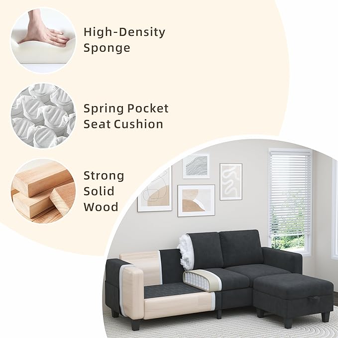 Sectional Sofa Couches for Living Room - 78'' Black 3 Seat L-Shaped Couch with Storage Ottoman, Modern Velvet Convertible Sectionals Sofas with Chaise for Apartment, Office, Small Space