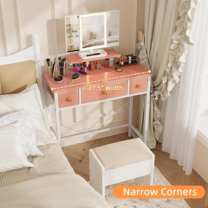 Small Makeup Vanity Desk 27.5''W with Mirror and Lights, Vanity Desk with 3 Fabric Drawers and Height-Adjustable Stand, Vanity Table for Girls Gifts, Bedroom and Small Spaces, Pink