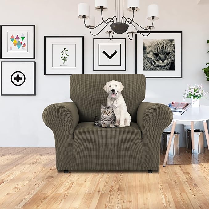 LURKA Stretch Chair Sofa Slipcovers 1 Piece Couch Covers for Sofa Furniture Protector Full Sofa Covers with Elastic Bottom for Kids and Dog (Small, Khaki)