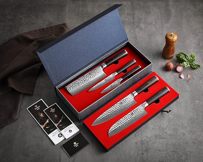 XINZUO Kitchen Knife Set of 5 Piece,67 Layers Hammered Damascus Blade,Japanese-Style Chef Knife Set,Professional Knife Sets for Chefs with Pakkawood Handle,Razor Sharp,Gift Box - He Series