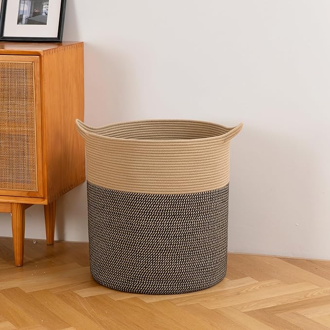 Laundry Basket, 100L Large Laundry Hamper, Tall Woven Rope Storage Basket for Blanket Toys Pillows Towels, Baby Nursery Hamper Bin for Living Room, Bedroom (Black & Yellow)