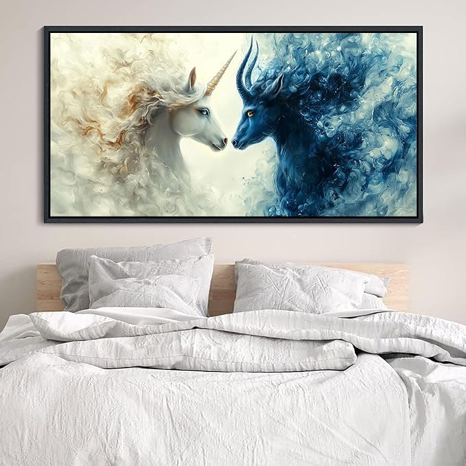 HKDGOKA Large Canvas Wall Art, Blue and White Gradient Abstract Animals Paintings Light and Dark Opposition Style Prints Pictures for Bedroom Living Room Kitchen Home Decor 29x58 IN