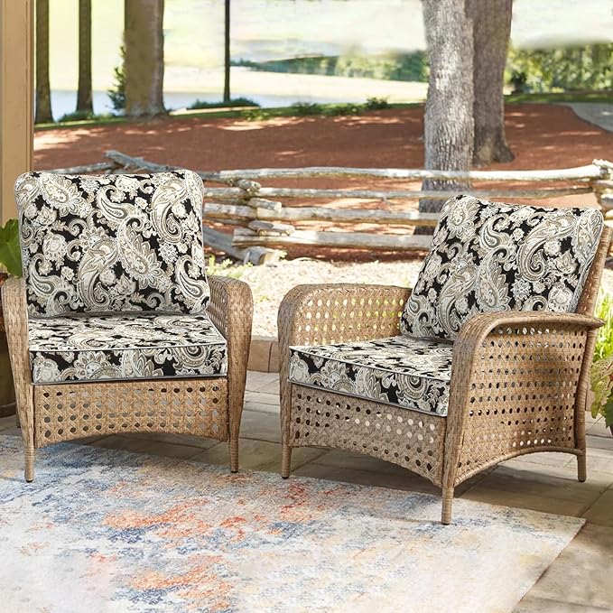 Outdoor Deep Seat Cushions Set 24 x 24 Inch for Patio Furniture,Water Resistant Chair Cushions Replacement Includes Seat Cushion & Back Pillow for Couch Sofa, Wicker Chair - Paisley Black