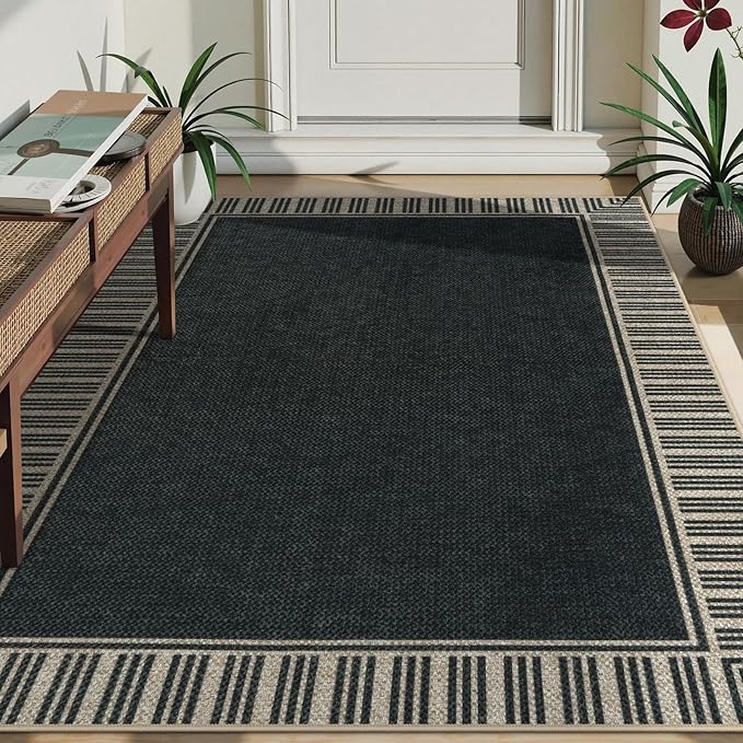 OJIA Easy Jute 5x7 Outdoor Rug, Washable Patio Rugs for Living Room Striped Border Indoor Outdoor Carpet Farmhouse Non-Slip Black Rug Geometric Area Rug for Porch Backyard Dining Room