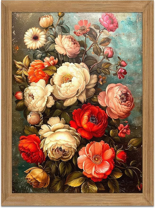 AKWISH Framed Vintage Floral Wall Art - 3D Textured Antique Colorful Flowers Oil - Hand Drawn Painting Classical Botanical Art Wall Decor for Living Room Bedroom Office Decor 12x16in