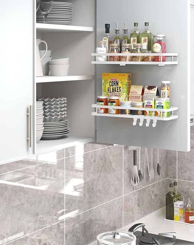 Spice Rack Organizer Wall Mount - 15.7in 2Pack [Upgraded Version] Hanging Seasoning Organizer Shelf with Paper Towel Holder, Storage for Cabinet or Wall Mounted with 4 Strong Hooks (Rice white)