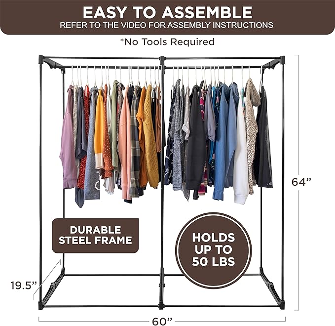 HOLDN’ STORAGE Portable Wardrobe Closet - 65 lb Large Capacity, Internal Heavy Duty Metal Rod, Zipper & Clear Window, Durable Clothes Organizer, Tool-Free Easy Assembly, Brown Canvas Cover