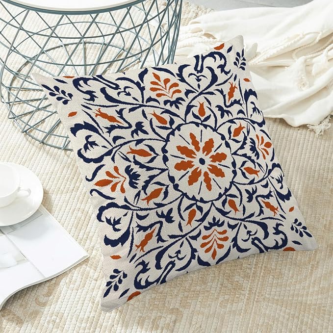 Navy Blue Orange Boho Pillow Covers 18x18 Set of 2, Bohemian Ethnic Carpet Pattern Design Decorative Throw Pillows Linen Blue Print Farmhouse Cushion Pillow Covers for Sofa Couch Outdoor Decor