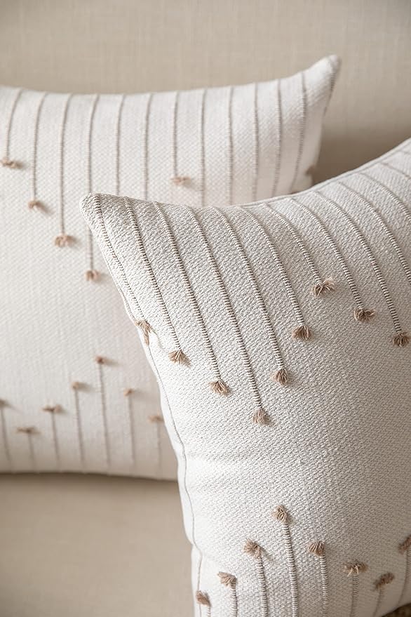 Boho Throw Pillow Covers 22x22 Set of 2 Decorative Pillows for Bed, Neutral Pillow Covers Beige with Tan Line Throw Pillows for Modern Farmhouse Couch Sofa Living Room Outdoor