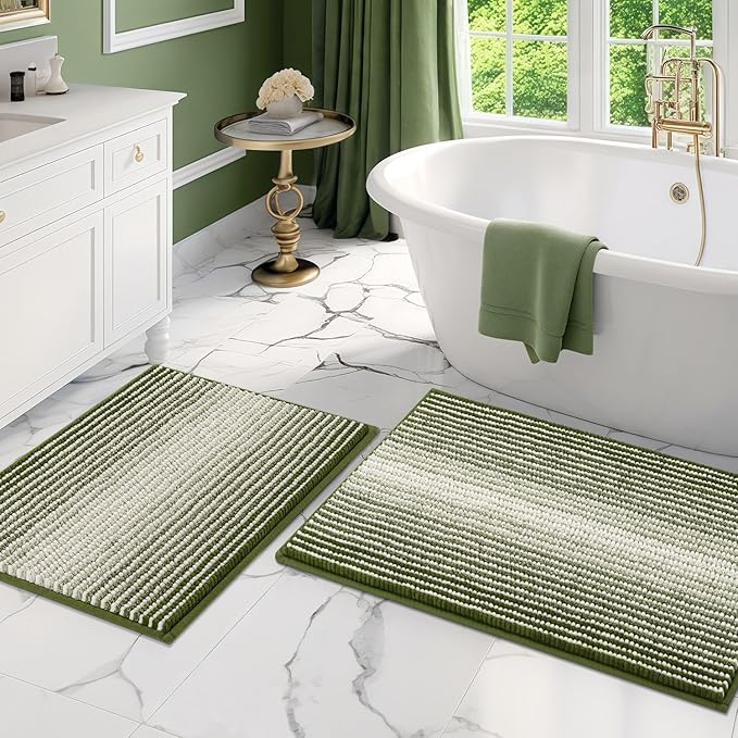 BSICPRO Bathroom Rugs and Mats Sets, 2 Piece Thick Absorbent Chenille Bath Mat Rug Set Non Slip, Soft Shaggy Bath Room Floor Mats for Bathroom, Machine Washable (Sage, 20" x 32" Plus 16" x 24")