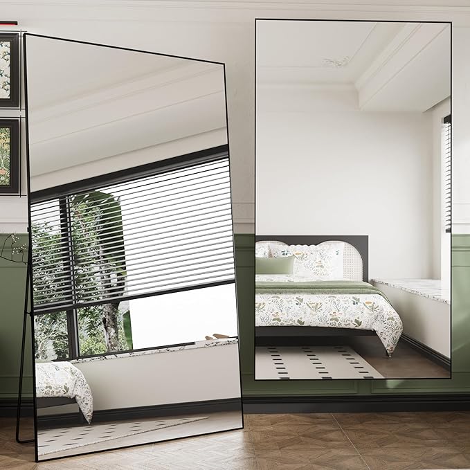 FANYUSHOW Full Length Mirror with Stand 70"x31",Floor Standing Aluminum Frame for Living Room,Tempered Glass Floor Mirror,Simple Home Decor,Wall Decor for Bedroom & Bathroom,Full Body Mirror,Black