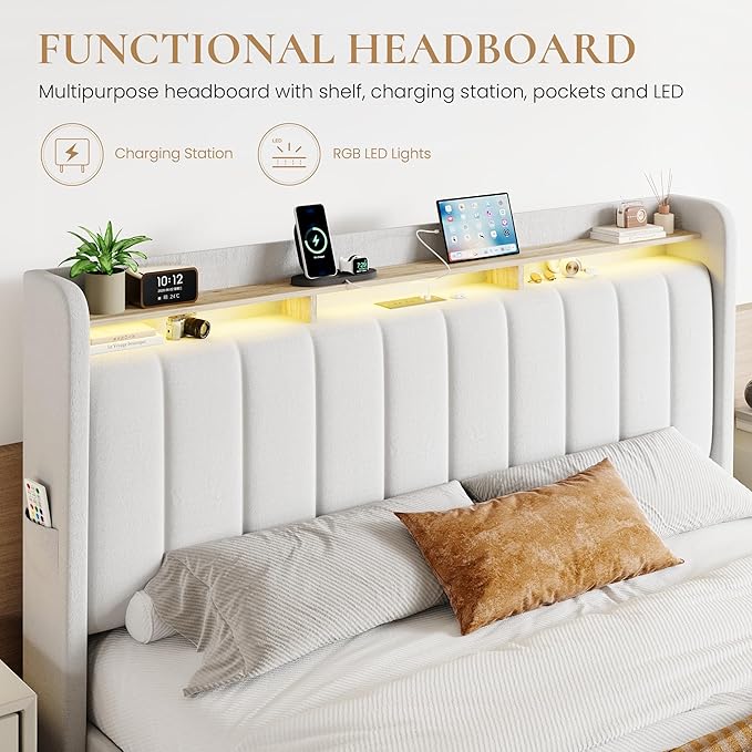 SHA CERLIN Velvet King Size Bed Frame with Vertical Channel Tufted Wingback Headboard & 2 Storage Drawers/2-Tier Shelves with LED Lights & Charging Station/Noise-Free/No Box Spring Needed/White