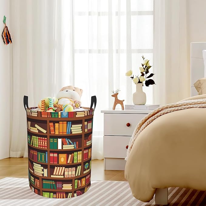 Library Book Shelf Pattern Laundry Basket,Waterproof Foldable Laundry Hamper,Dirty Clothes Laundry Basket, Linen Bin Storage Organizer for Toy Collection 16" x 20"