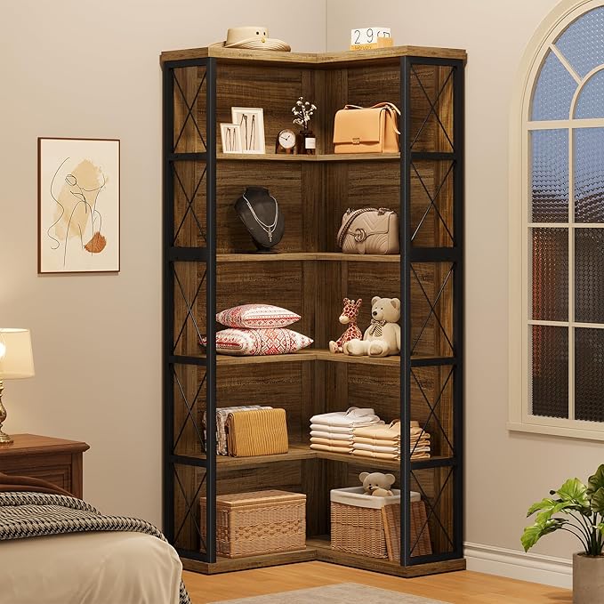 5-Tier L Shaped Bookshelf, Vintage Industrial Corner Bookcase, Large Tall Storage Shelves Display Rack with Metal Frame for Living Room, Home Office, Bedroom, Light Brown