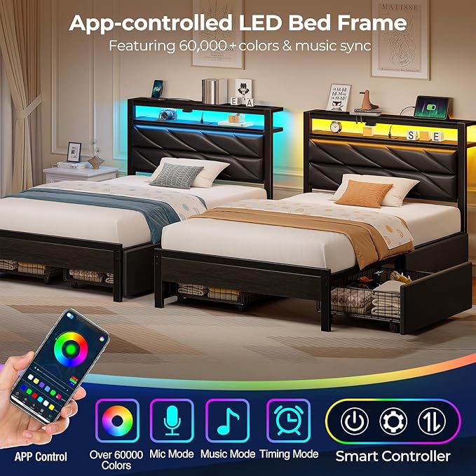 Seventable Twin Bed Frame with 4 Storage Drawers, Charging Station & LED Lights, Upholstered Headboard with 2-Tier Shelves, Metal Platform Bed, No Box Spring Needed, Noise-Free, Black