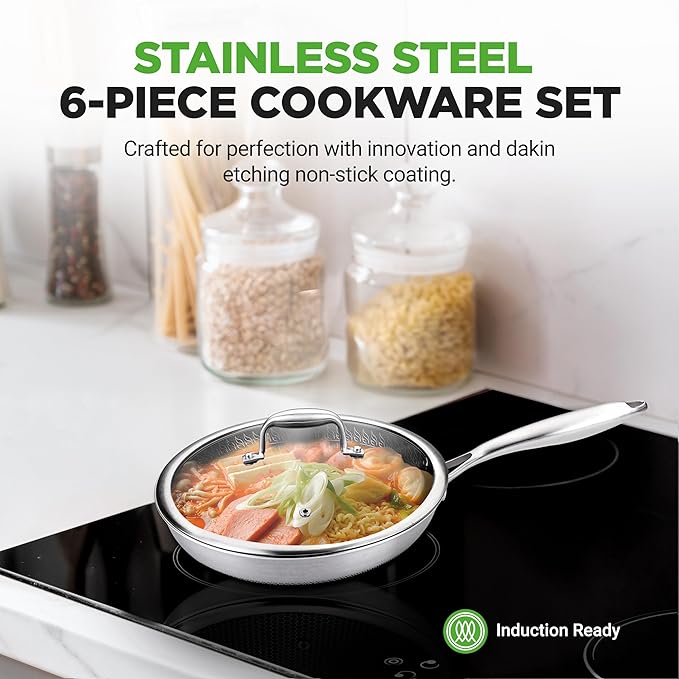 NutriChef 6-Piece Tri-Ply Stainless Steel Frying Pan Set – 8", 10", 12" Non-Stick Skillets with Lids, Induction Compatible, Oven Safe, Scratch-Resistant, Dishwasher Safe