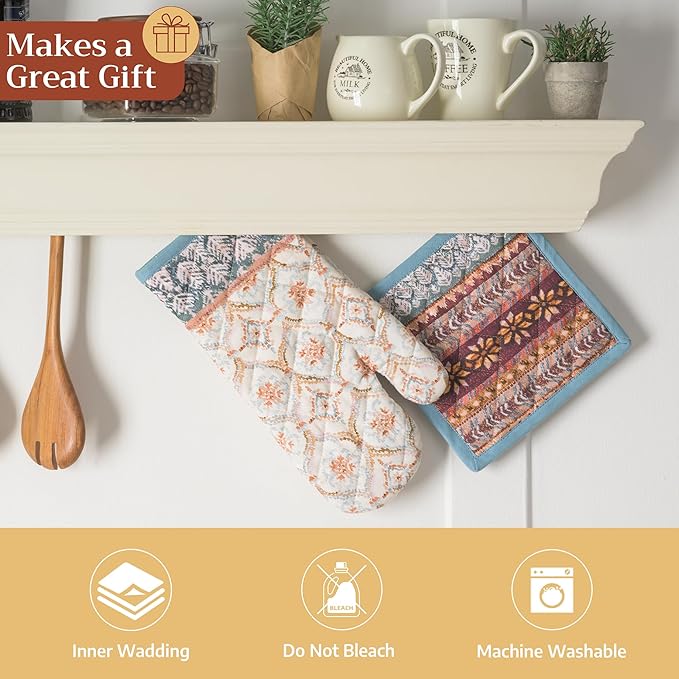 Maison d' Hermine Oven Gloves 100% Cotton Oven Mitt 7" x 13" with Loop Heat Resistant BBQ Cooking Gloves for Thanksgiving Christmas Decorations Baking Handling Hot Pans (Pack of 1, Fair Isle)