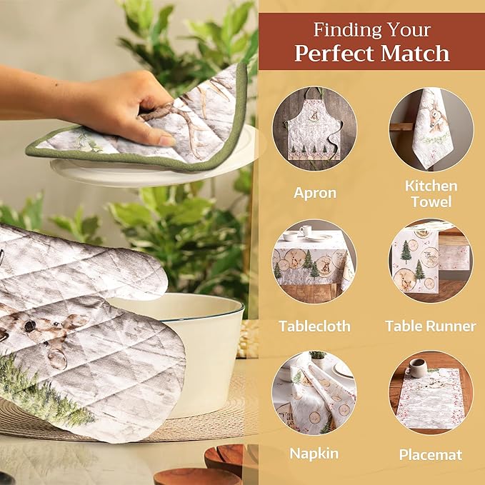 Maison d' Hermine 100% Cotton Oven Mitt & Pot Holder Set (7.5"x13" & 8"x8") Heat Resistant BBQ Cooking Gloves with Loop for Thanksgiving Christmas Decorations Handling Hot Pans (Mountain Life)