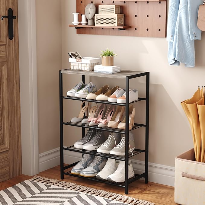 HOMEFORT 5 Tiers Shoe Rack Organizer,23" Shoe Storage Shelf for Closet, Shoe Rack for Entryway, Each Tier Fits 3 Pairs, Shoe Stand with Metal Shelves and MDF Top Board, Washed Gray