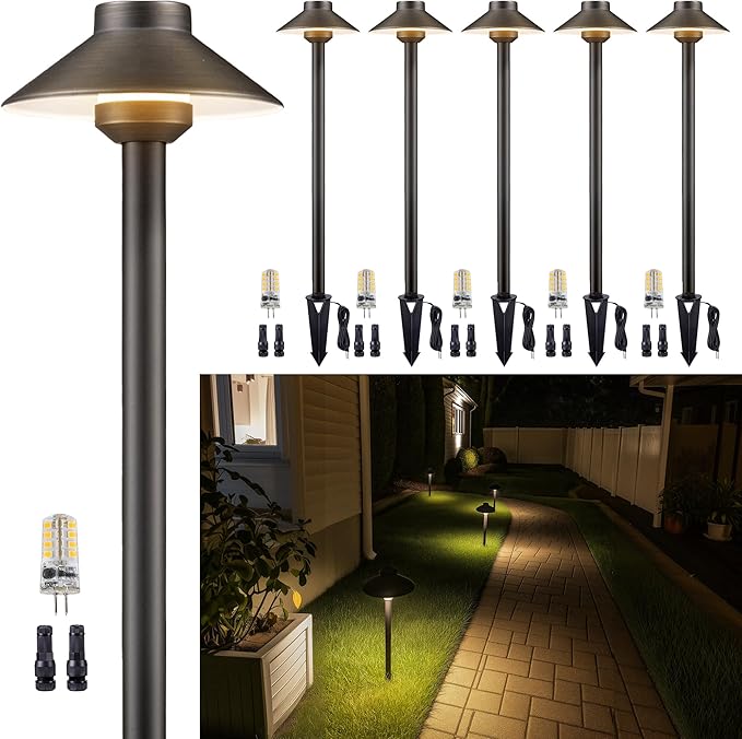 Low Voltage Landscape Sidewalk Lighting, Solid Brass Pathlights, LED Driveway Warm Light Waterproof, Hat Shaped 12V Wired Bronze for Walkway Garden with 3W 270LM 3000K G4 Bulb (6 Pack)