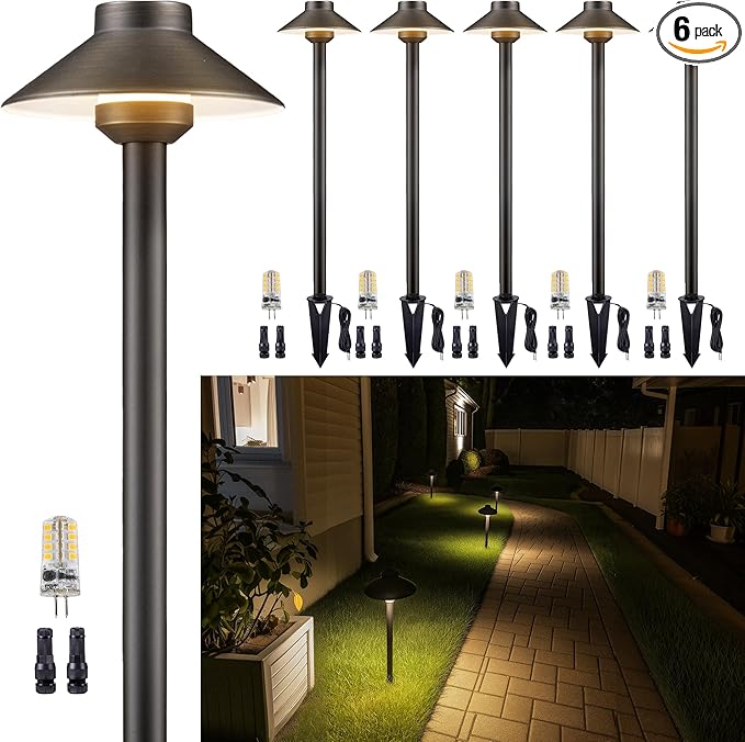 Low Voltage Landscape Brass Lighting - 12V LED Pathway Lamp IP65 Waterproof, Hard-Wired Bronze Path Light for Outdoor Walkway Garden with 3W 5000K Daylight G4 Replaceable Bulb (6 Pack)