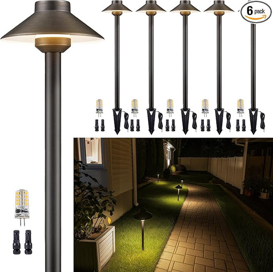 Brass Low Voltage Landscape Lighting - 12V LED Path Lights IP65 Waterproof, Hard-Wired Pathway Light Bronze for Outside Walkway Garden with 3W 2700K Warm White G4 Replaceable Bulb (6 Pack)